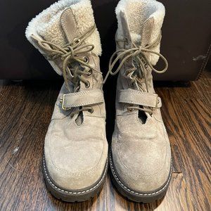 Stuart Weitzman Shearling & Beige Suede Winter Boots with Lug Sole, 8M